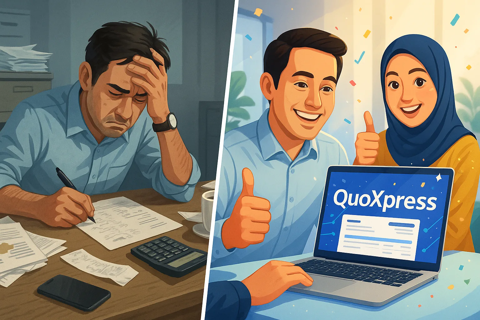 Sebelum: kira manual stres. Selepas: QuoXpress siap quotation nampak profesional.